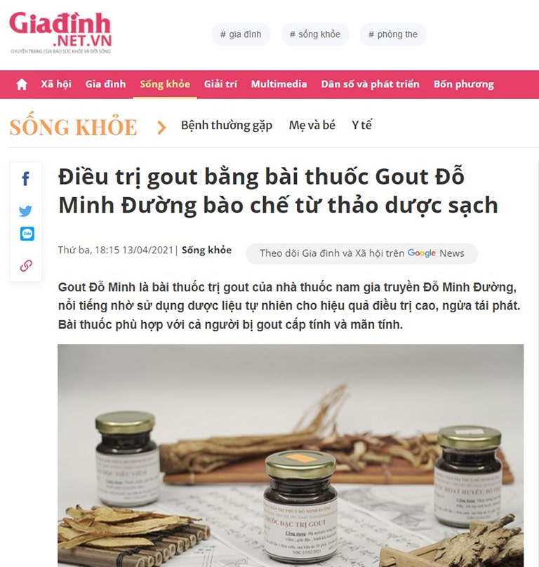 Báo giadinh.net đưa tin về bài thuốc gout của Đỗ Minh Đường