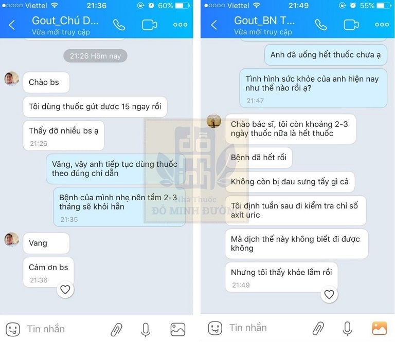 Phản hồi của người bệnh về gout Đỗ Minh qua zalo nhà thuốc Phản hồi của người bệnh về gout Đỗ Minh