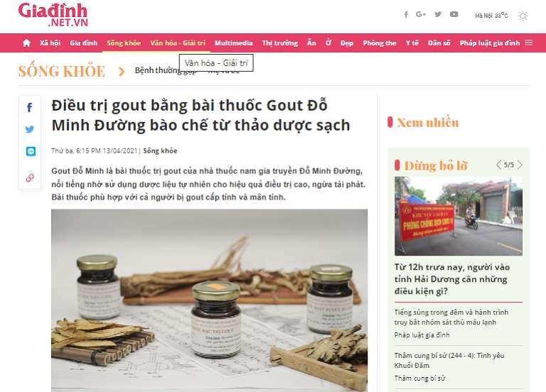 Bài thuốc gout Đỗ Minh trên báo giadinh.net